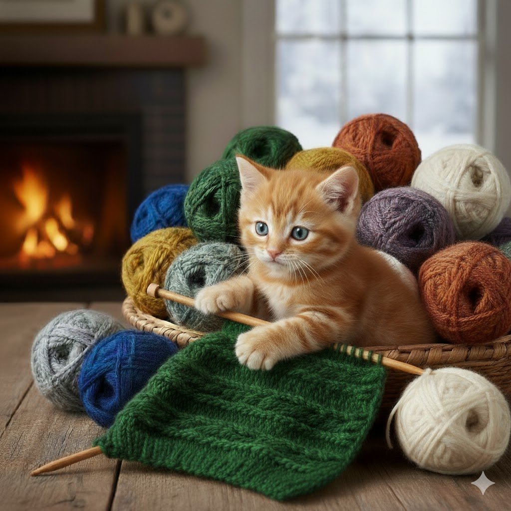 Ginger Kitten in Yarn Basket. Room with Fireplace.