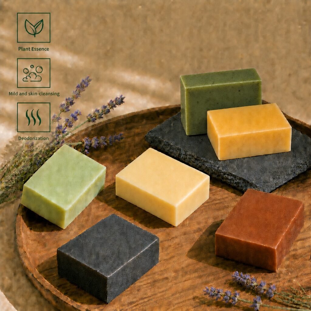 6 soaps on a wooden platter