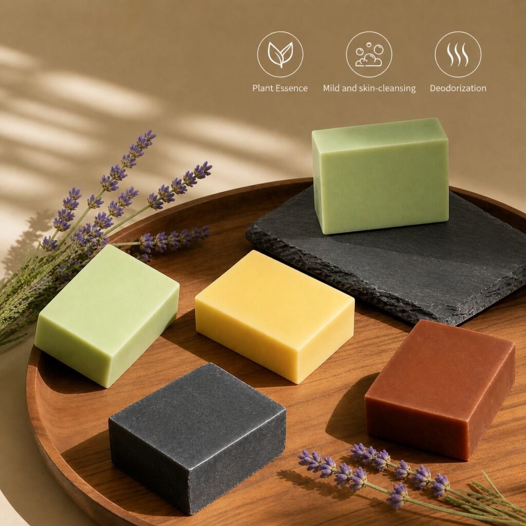 soaps on wood and slate with lavender